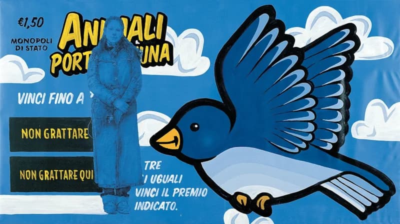 Large blue swallow outlined in black flying against a light-blue ground with white clouds, overlaid on lottery-ticket graphics and beside a monochrome blue female figure.