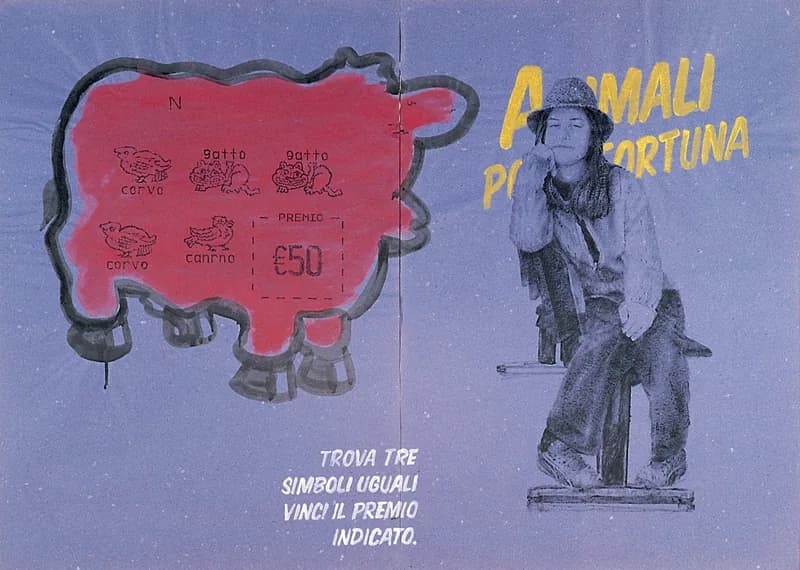 Against a blue background, a large red pig-shaped figure shows animal symbols and a 50-euro prize, beside a black-and-white woman seated on a stool; yellow and white lettering completes the composition.