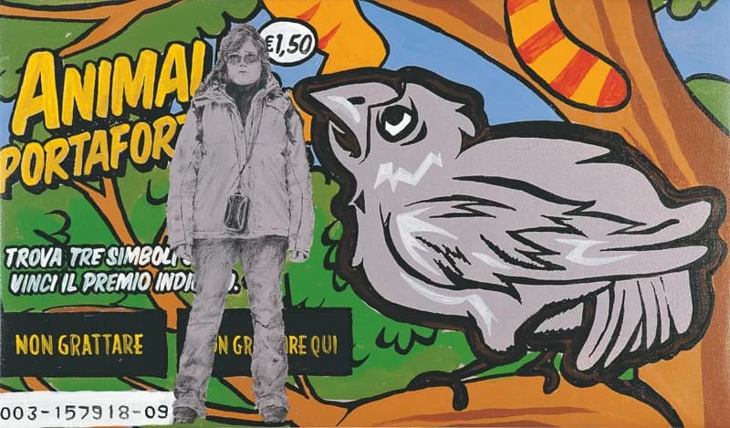 Black-and-white female figure in a coat carrying a handbag, standing before a large grey bird of prey on a green, orange and blue graphic with scratch-card lettering.