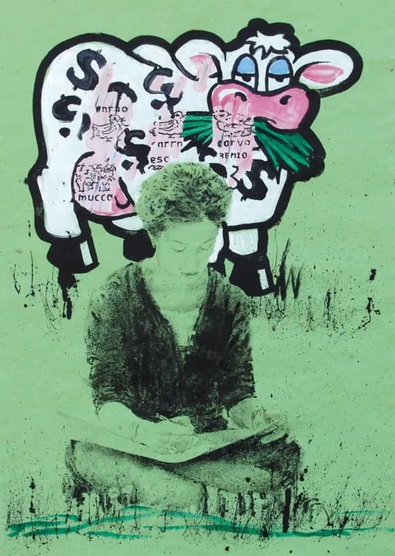 Figura femminile seduta, resa in nero e verde, con le braccia incrociate sul grembo; alle sue spalle una mucca bianca e nera dal muso rosa, su fondo verde chiaro segnato da colature e schizzi neri.