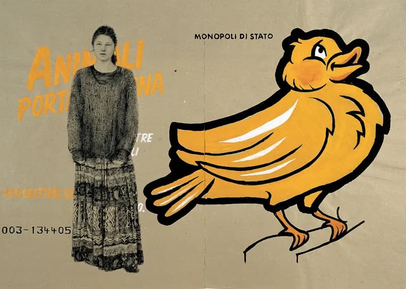 Figura femminile in bianco e nero sulla sinistra e grande uccello giallo dai contorni neri sulla destra, su fondo beige con scritte arancioni e nere parzialmente visibili.