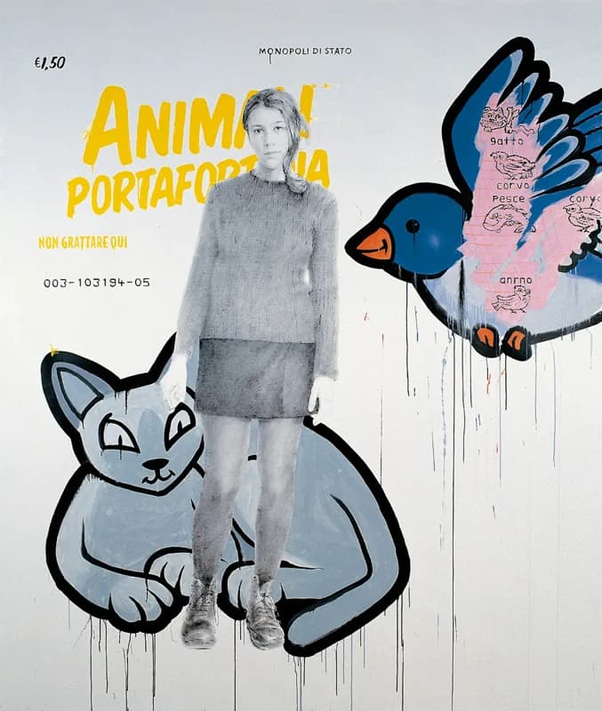 Ragazza in scala di grigi, in piedi davanti a un grande gatto grigio accovacciato; sulla destra, un uccello blu con ali aperte porta una fascia rosa illustrata con piccoli animali. Fondo bianco con grandi scritte gialle e sottili colature di colore.