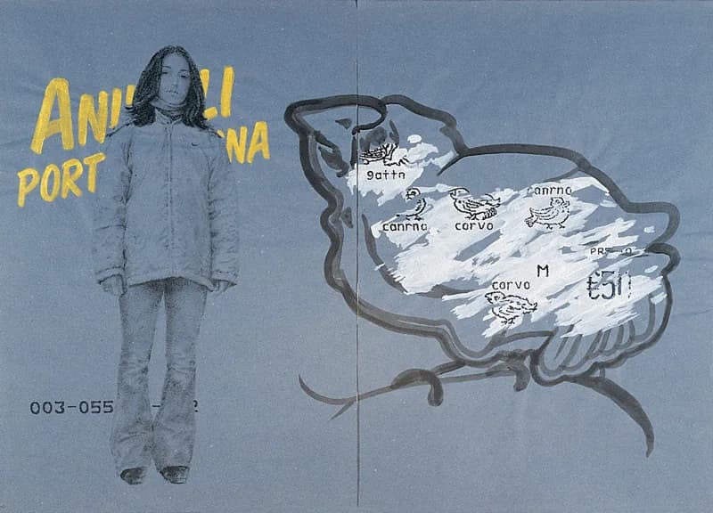 Su fondo azzurro, una donna in abiti invernali è affiancata da una grande sagoma di colomba bianca con uccelli disegnati e scritte, mentre lettere gialle e numeri neri compaiono ai lati.