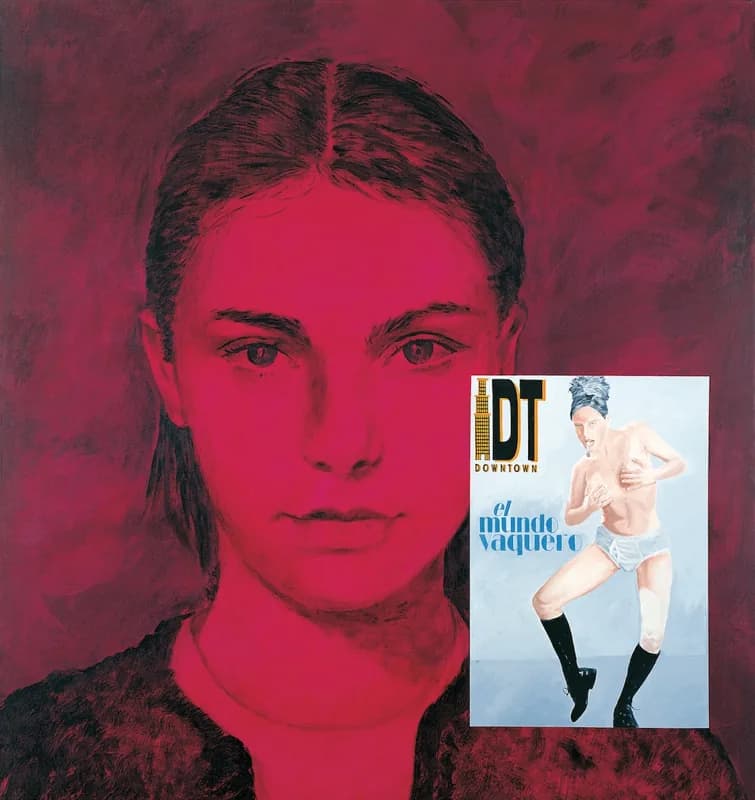 Ritratto ravvicinato di una giovane donna dai capelli scuri, reso in tonalità cremisi e nere, con una copertina di rivista sovrapposta sul lato destro del volto e del busto.