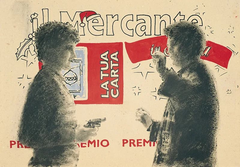 Due uomini in abiti scuri sono raffigurati di profilo davanti a una grafica pubblicitaria bianca e rossa, con la scritta «La tua carta» e un grande rettangolo rosso sullo sfondo.