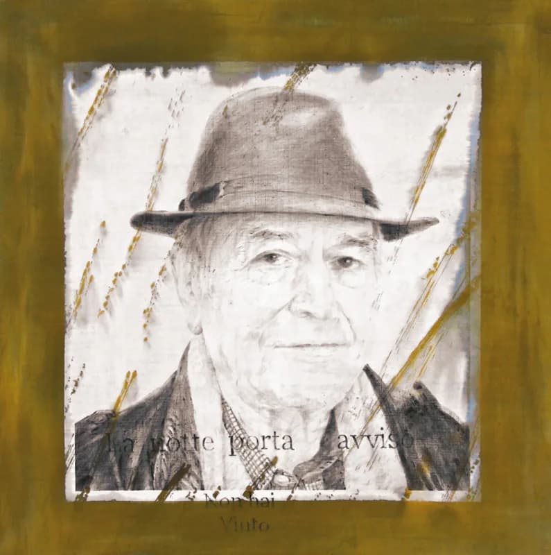 Frontal portrait of an elderly man wearing a brown hat and dark jacket, on a white panel marked by golden scratches, within a broad ochre border.