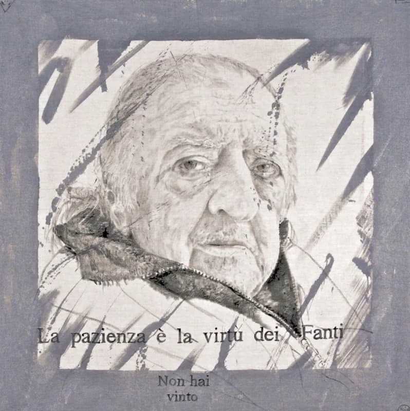 Monochrome portrait of an elderly white-haired man, framed by a dark diagonal band and grey and black gestural marks on a light ground; the words “Non hai vinto” appear at the bottom.