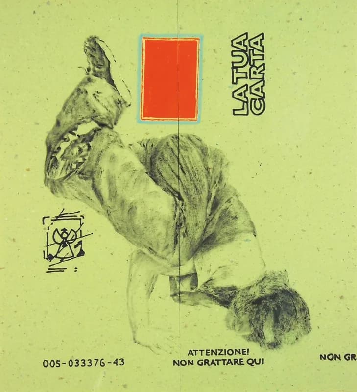 Figura umana monocroma e contorta su fondo verde-giallo puntinato, affiancata da un rettangolo rosso bordato di azzurro, scritte nere e piccoli segni grafici.