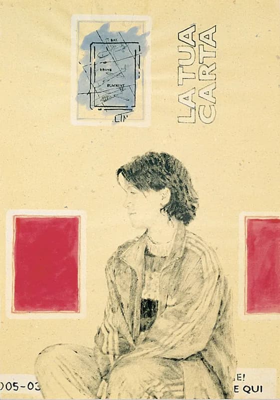 Figura femminile seduta, disegnata in toni grigi e neri su fondo beige, affiancata da due rettangoli rossi e sormontata da un piccolo riquadro azzurro con un diagramma nero.