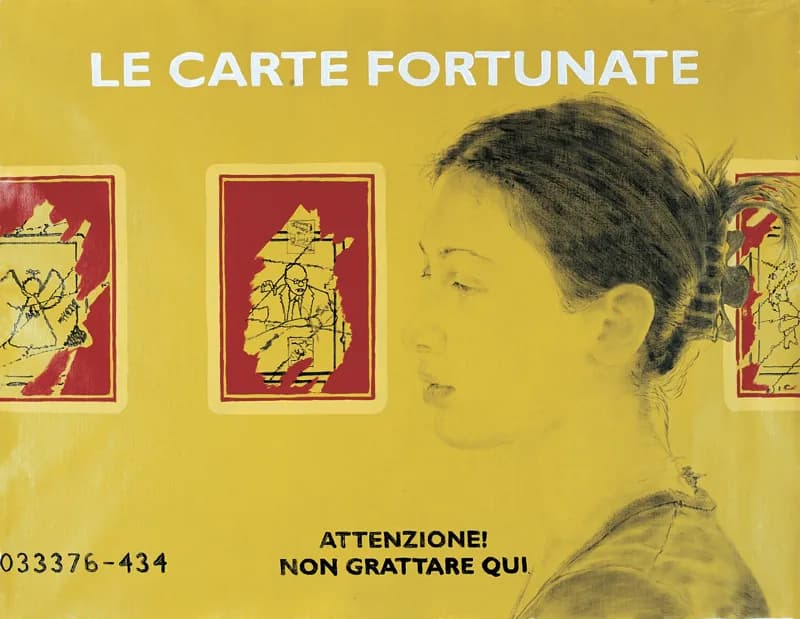 Profilo di una giovane donna dai capelli raccolti su fondo giallo, affiancato da tre riquadri rosso e giallo simili a gratta e vinci, con scritte nere nella parte inferiore.