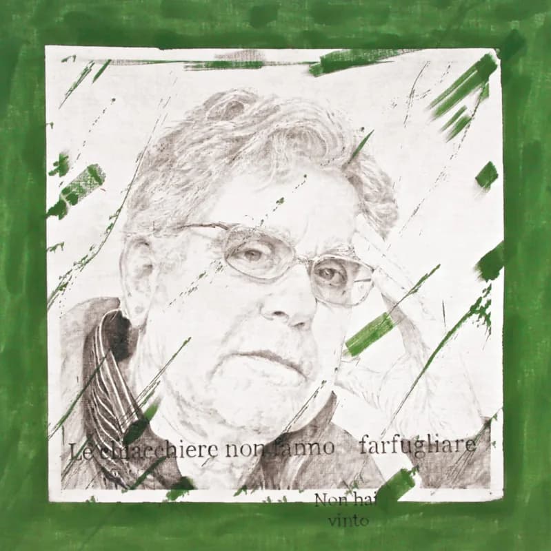 Black-and-white portrait of an elderly man with glasses and curly hair, his right hand resting against his temple, within a white rectangle on a green ground. Diagonal green marks cross the face and rectangle, while partially legible writing appears along the bottom.