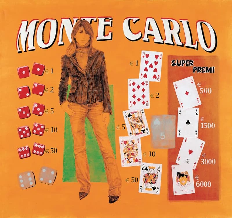 Full-length female figure drawn in brown against an orange ground, flanked by red dice, playing cards and a red chart listing prizes in euros.
