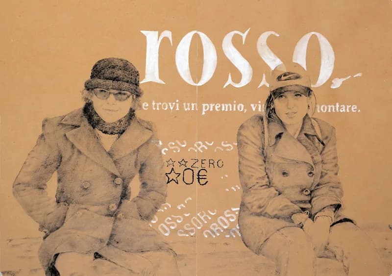 Two seated women wearing coats and hats are depicted in sepia tones against large white lettering and fragments of text and graphic symbols.