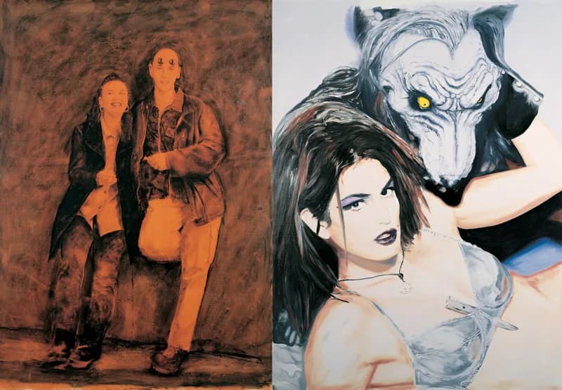 Dittico: a sinistra, due persone in piedi su uno sfondo bruno scuro; a destra, una donna dai capelli scuri in primo piano è abbracciata da una grande figura animalesca dai tratti ferini, con occhi gialli, su fondo chiaro.