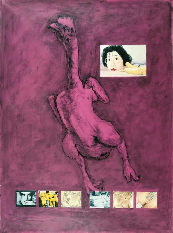 Su fondo viola-porpora, una grande figura di uccello spennato dal lungo collo occupa il centro; in alto a destra compare un riquadro con il volto di una donna accanto a banane, mentre sei piccoli riquadri fotografici sono allineati lungo il bordo inferiore.