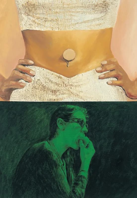 Composition divided in two: above, a woman's torso with an exposed navel and hands resting on a textured white skirt; below, a dark green portrait of a man wearing glasses, in profile, with a finger at his mouth.