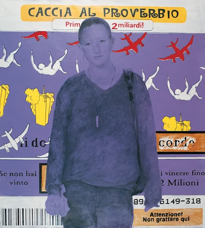 Figura femminile frontale dai toni blu-violacei, con maglione scuro e tracolla, sovrapposta a uno sfondo viola simile a un gratta e vinci con aeroplani rossi, sagome bianche in caduta, confezioni di popcorn gialle, scritte e codice a barre.