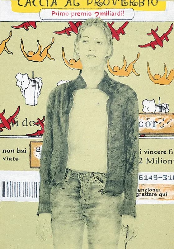Figura femminile a figura intera, pallida e frontale, con giacca scura aperta e jeans, sovrapposta a uno sfondo che ricorda un biglietto della lotteria con scritte, codici a barre, piccoli aerei rossi e figure arancioni in caduta.