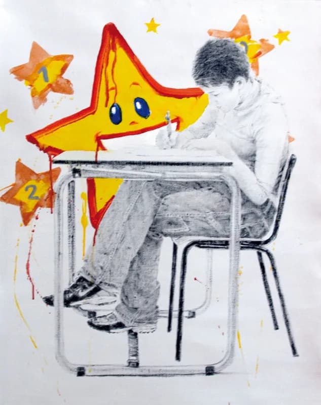 Un ragazzo in scala di grigi siede a un banco scolastico con la testa chinata, parzialmente coperto da una grande stella gialla sorridente e circondato da piccole stelle arancioni e gialle su fondo bianco.