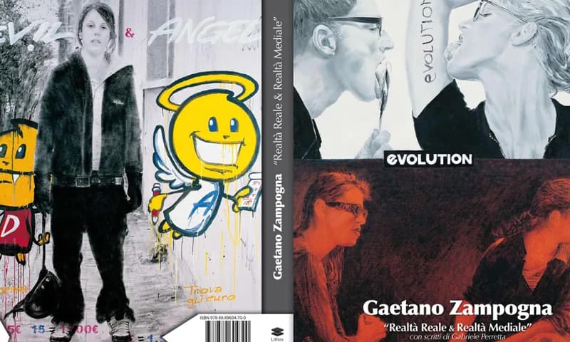 Copertina di un volume divisa in quattro riquadri: a sinistra una giovane donna in bianco e nero accanto a un personaggio giallo sorridente con aureola e ali, a destra fotografie di profilo di persone con occhiali su fondi chiari e rosso scuro; al centro corre una fascia grigia verticale con testo bianco.
